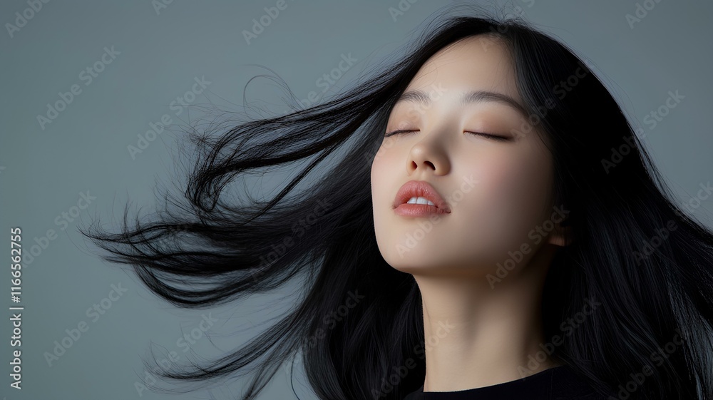 Naklejka premium Portrait of beautiful asian woman with long black hair and closed eyes