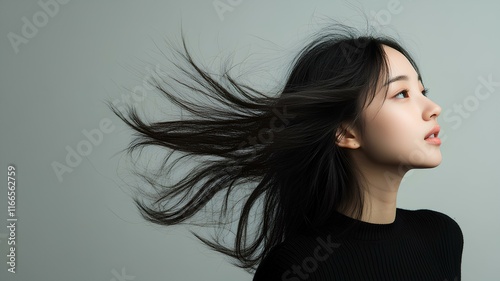 Portrait of a beautiful asian girl with flying hair on gray background