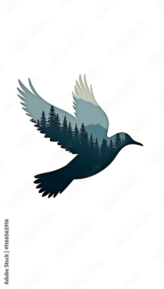 Fototapeta premium A double silhouette of a bird in flight, with a dense forest and mountains visible within the bird's silhouette, symbolizing freedom and exploration.
