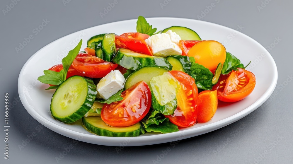 Fresh salad with tomatoes, cucumbers, and feta cheese on a plate. Fresh salad with tomatoes, cucumbers, and feta cheese on a plate.