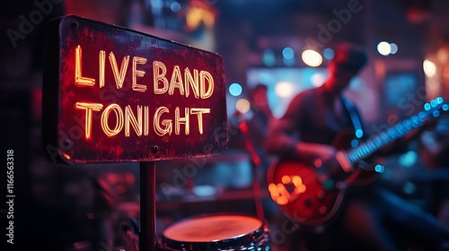 Sign that reads “LIVE BAND TONIGHT” - concert venue - acoustic - cover charge - music - bar - pub - musical entertainment - guitars - drums 