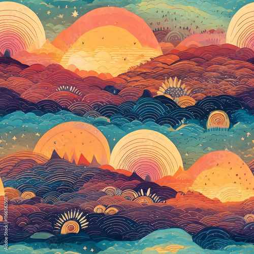 Sunset landscape illustration seamless pattern dogotal paper, good for wall paper, scrapbook and print on demand photo