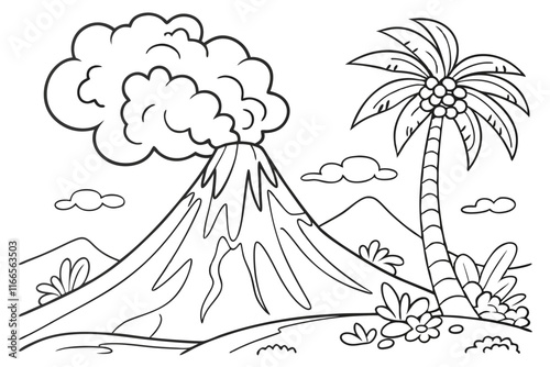 a volcano erupting Coloring page for kids, Bold line art C.eps