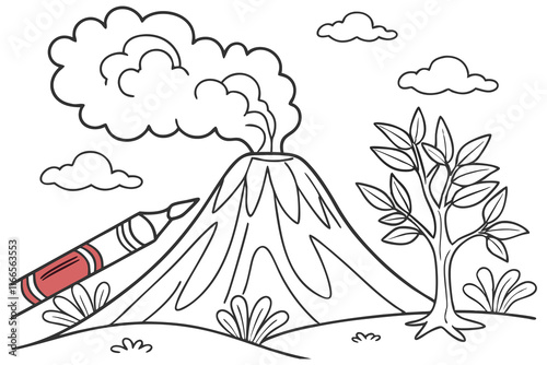 a volcano erupting Coloring page for kids, Bold line art E.eps