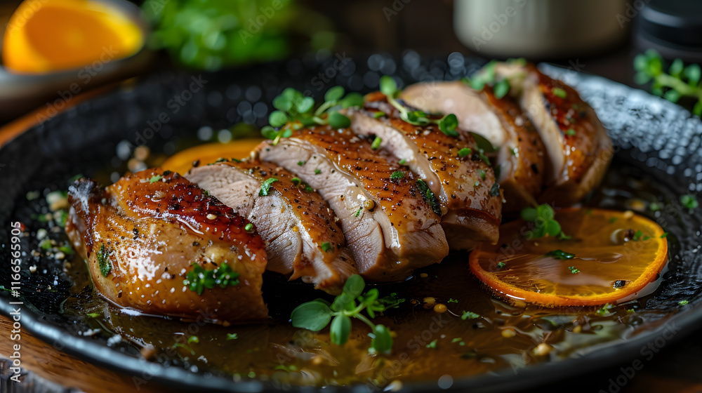 Duck à l'Orange, French dish featuring roasted duck with an orange sauce, cinematic food photography Duck à l'Orange, French dish featuring roasted duck with an orange sauce, cinematic food photography