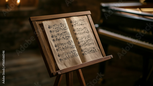 Classical music sheet notes elegantly displayed on a wooden stand, embodying the timeless beauty and intricate artistry of orchestral compositions.