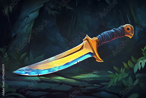 A stylized dagger with a glowing blade and ornate hilt set against a dark, lush background.