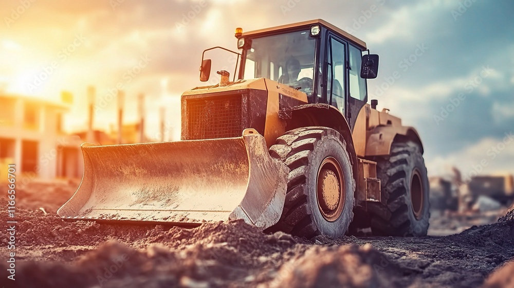 Bulldozer Preparing Empty Construction Lot under Dramatic Sky Bulldozer Preparing Empty Construction Lot under Dramatic Sky
