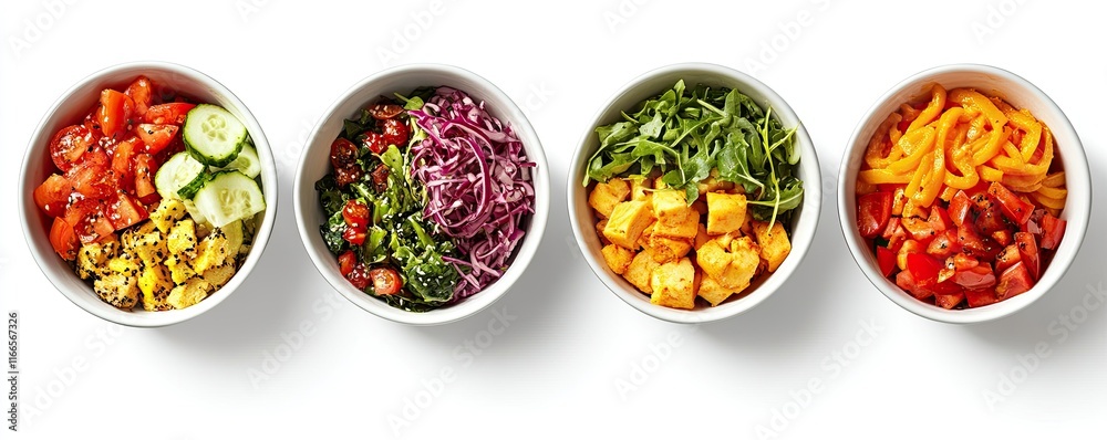 Four Colorful Bowls of Fresh Vegetable Salads