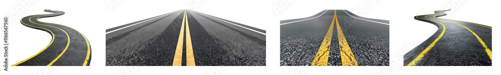 Fototapeta premium PNG Curved roads with yellow lines, element set on transparent background