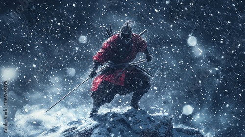 Ronin in Blizzard: A Digital Painting of a lone Samurai warrior standing defiantly on a snow covered mountain during a blizzard.