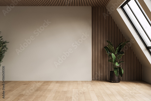 Modern contemporary loft empty room with concrete and wooden plank wall, parquet floor, plants, panoramic window.