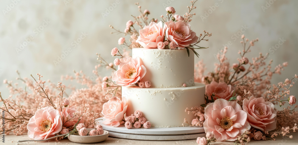 two-layered white cake with pink sugar flowers two-layered white cake with pink sugar flowers
