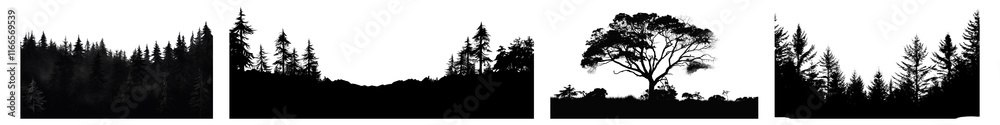PNG Silhouetted forest tree line art, element set on transparent background PNG Silhouetted forest tree line art, element set on transparent background