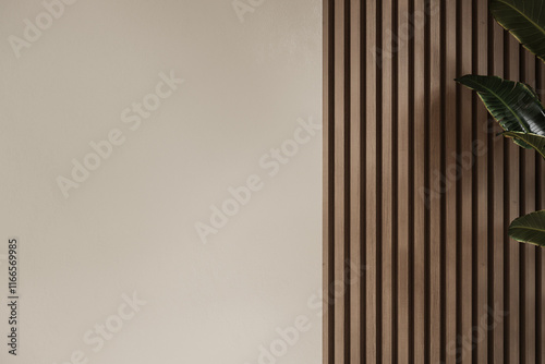 Modern contemporary loft empty room with concrete and wooden plank wall, parquet floor, plants, panoramic window.