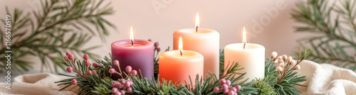 festive arrangement pastel candles evergreen wreath