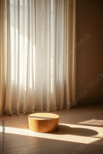 cylindrical wooden pedestal a sunlit room