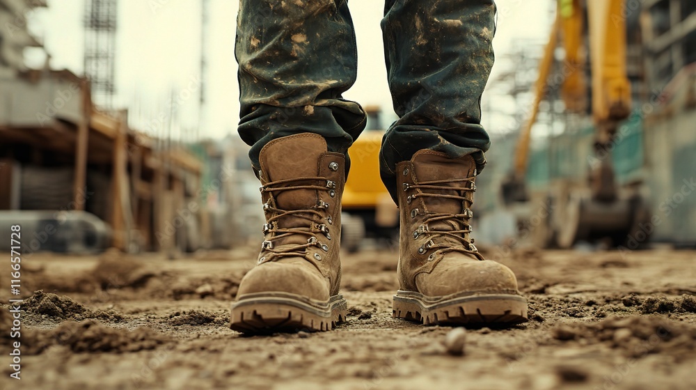 Close-Up View of Workers' Boots on Construction Site Ground Close-Up View of Workers' Boots on Construction Site Ground