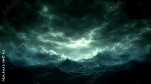 Dramatic ocean scene at night with dark stormy clouds and high waves.  Perfect for fantasy, adventure, or mystery themes.