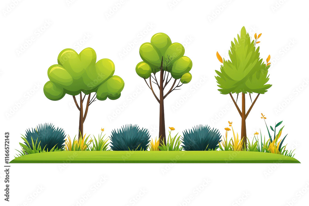 Fototapeta premium Vibrant Outdoor Cartoon Scene with Lush Trees and Plants