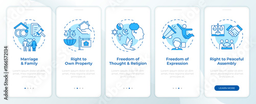 Society freedom rights blue onboarding mobile app screen. Walkthrough 5 steps editable graphic instructions with linear concepts. UI, UX, GUI template. Montserrat SemiBold, Regular fonts used