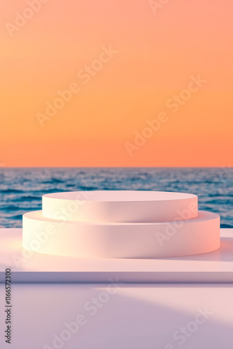 white cylindrical platforms against ocean sunset