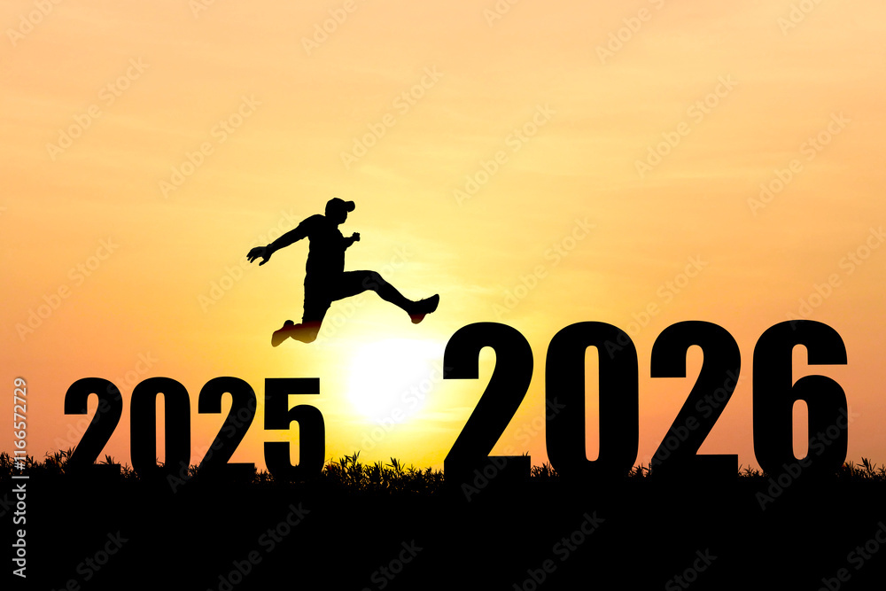 Silhouette of Person Leaping from 2025 to 2026 Against a Vibrant Sunset Background Symbolizing Progress and New Beginnings Silhouette of Person Leaping from 2025 to 2026 Against a Vibrant Sunset Background Symbolizing Progress and New Beginnings