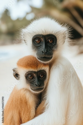 Two monkeys, one with white fur and the other with orange, embrace in a tender moment.