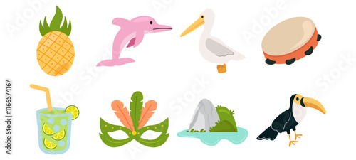 bundle set Brazilian culture Elements collection, Style Flat background white. vector illustration	