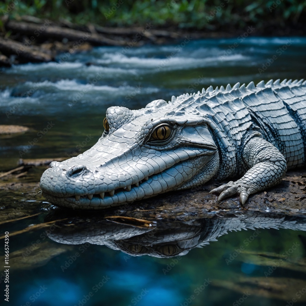Obraz premium A rare white caiman with a shimmering blue aura resting by a crystal-clear Amazon stream.