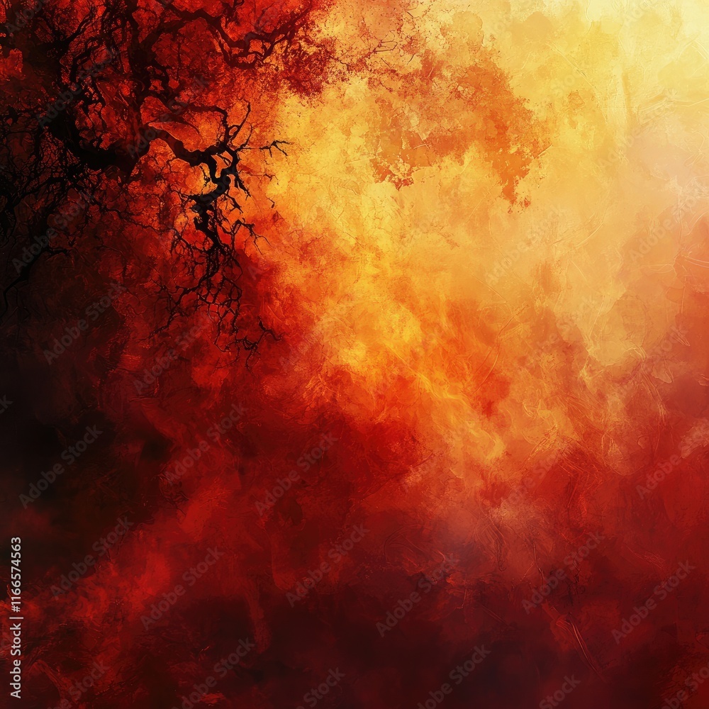 Obraz premium Fiery Sunset Hues with Silhouette of a Barren Tree