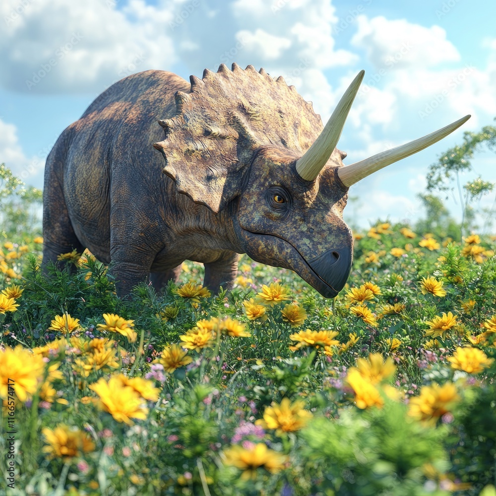 Fototapeta premium A triceratops standing in a vibrant field of flowers under a bright sky.