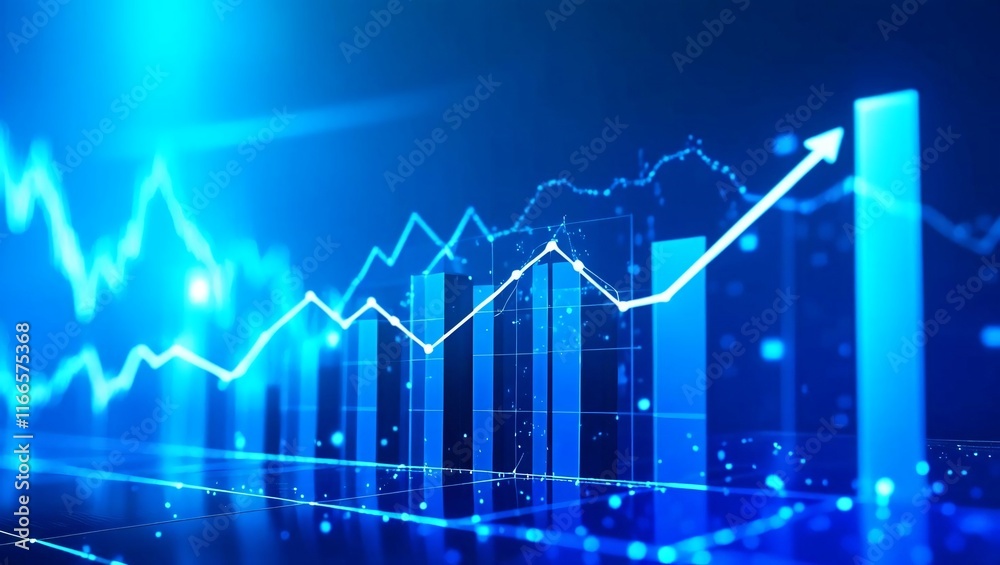 Digital financial graph with blue tones displaying upward trends and data analysis. Digital financial graph with blue tones displaying upward trends and data analysis.