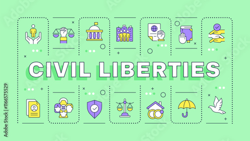 Civil liberties green word concept. Society freedom. Equality, democracy. Human rights. Typography banner. Vector illustration with title text, editable icons color. Hubot Sans font used