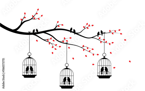 Bird in cages on tree branch