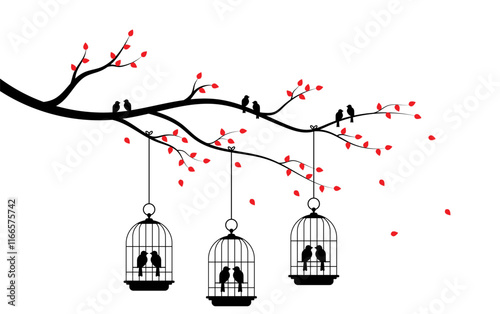 Bird in cages on tree branch