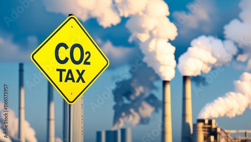 CO2 tax sign in front of industrial smokestacks emitting pollution into the sky. photo