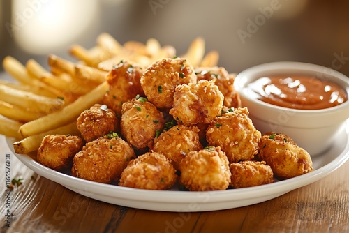 Chicken nuggets with french fries and ketchup on a wooden board