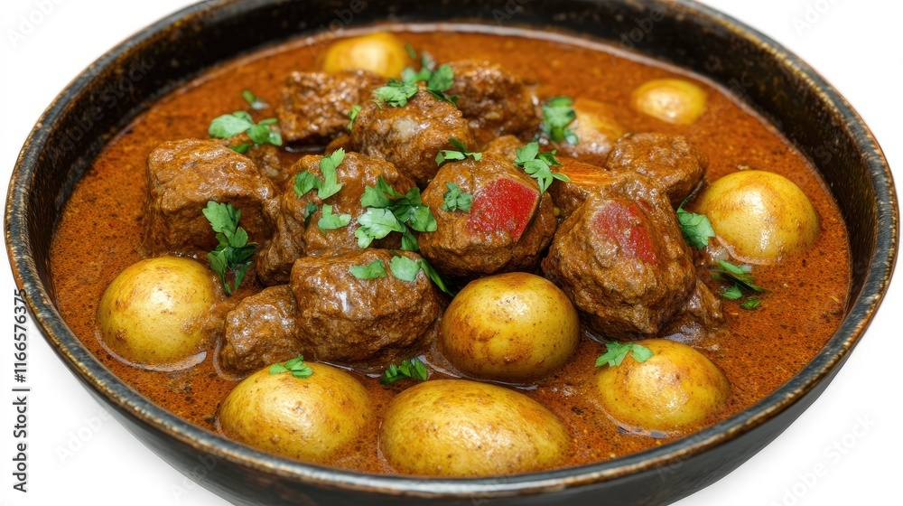 A hearty beef curry with boiled potatoes and garnished with fresh herbs. A hearty beef curry with boiled potatoes and garnished with fresh herbs.