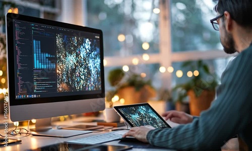A person working at a desk with a computer and tablet, surrounded by plants.