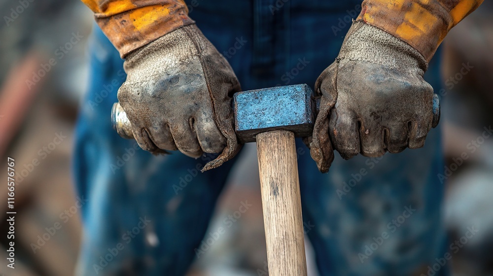 Hands Holding Hammer on Construction Site Close-Up Image