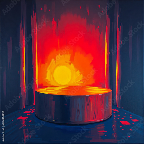 cylindrical platform before a fiery sunset