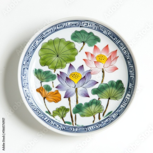 A decorative plate featuring vibrant lotus flowers and leaves, showcasing intricate artistry with a blue and white border.