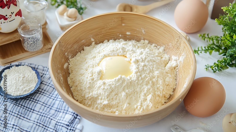 Flour, egg yolk, and butter in wooden bowl for baking. Flour, egg yolk, and butter in wooden bowl for baking.