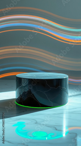 dark cylindrical pedestal with green illumination
