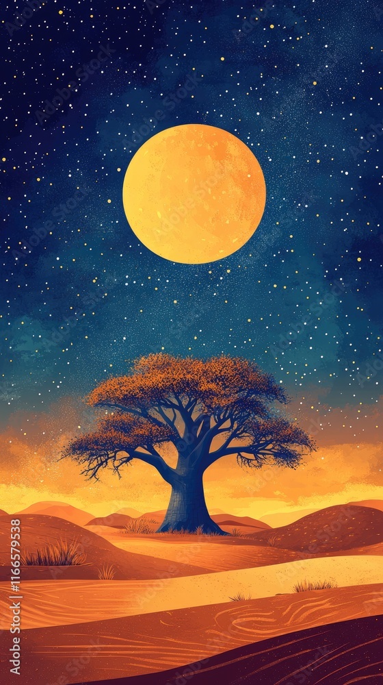 Fototapeta premium Lone Tree Underneath a Bright Moon and Starry Night