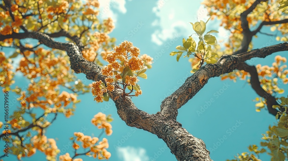 Obraz premium A low angle view of a tree with yellow flowers blooming against a blue sky with white clouds.