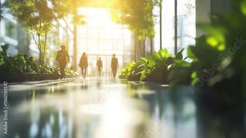 Blurred background of people walking in a modern office building with green trees and sunlight , eco friendly and ecological responsible business concept photo