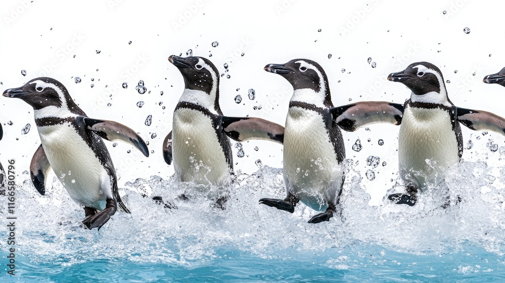 Obraz premium A group of penguins splashing through water, showcasing their playful nature.