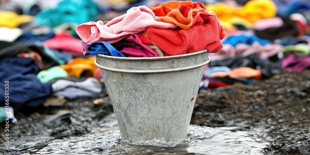 A metal bucket filled with colorful clothes, surrounded by a pile of laundry on the ground. A metal bucket filled with colorful clothes, surrounded by a pile of laundry on the ground.